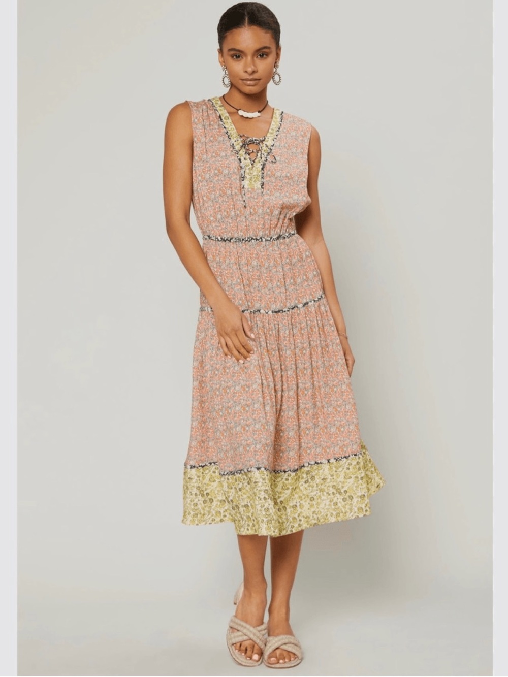 Current Air Peach Floral Lace-Up Midi Dress with Yellow Trim